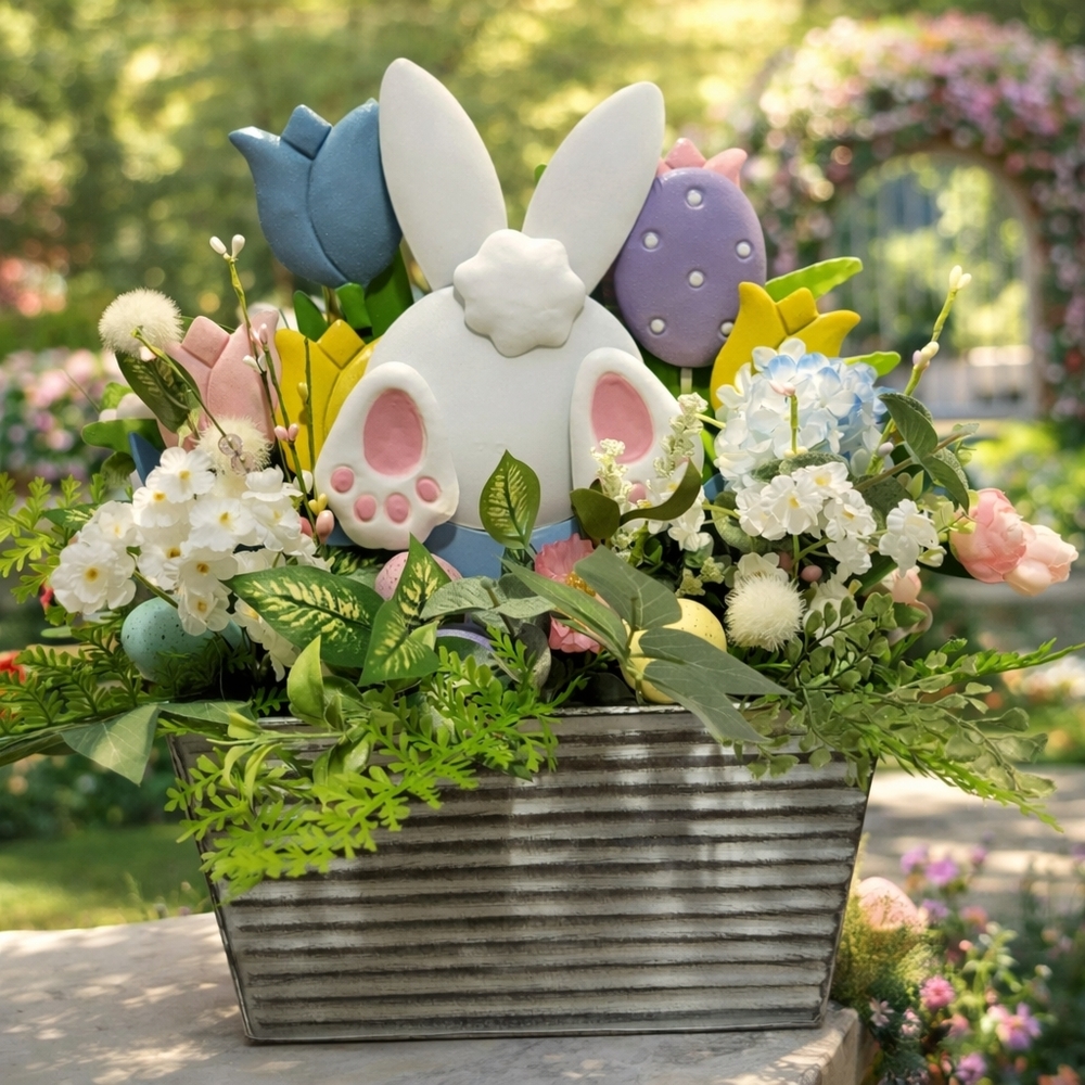 Easter Bunny Floral Arrangement with Pastel Accents